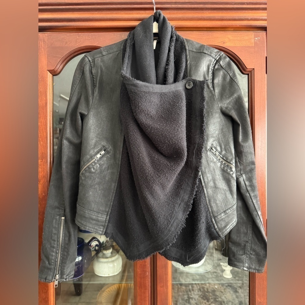Free People Drape Front Coated Jacket Black Moto Waxed Denim - Picture 4 of 7